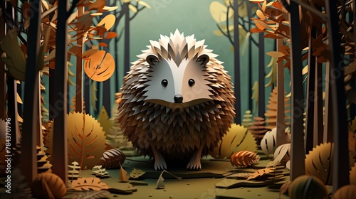 Minimalist 3D render of a porcupine in a woodland setting, realistic paper-cut style, blurred forest background,