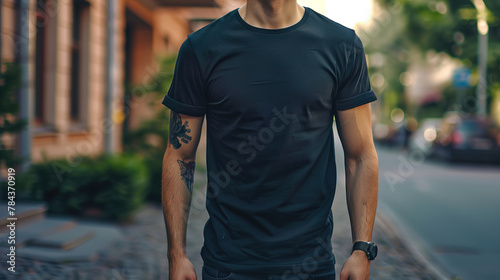 Young man wearing plain or empty black t-shirt mockup on street for pod product design presentation