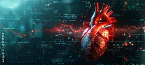 Anatomy of human heart on ecg medical background. 3d render #784371105