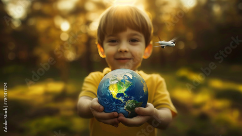 Fototapeta Naklejka Na Ścianę i Meble -  children hand holding Planet Earth Globe, Saving the planet concept. Earth Day concept.
