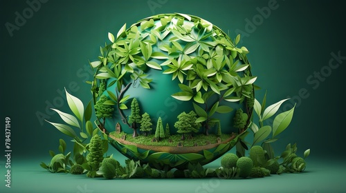 Globe of green leaves with roots extending, 3D paper-cut style, symbolizing growth