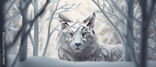 Minimalist 3D-rendered paper-cut of a lynx in snowy woods, blurred wintry background,