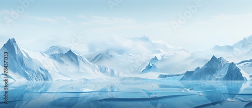 Minimalist 3D-rendered paper-cut of disappearing glaciers, highlighting climate change, blurred icy background,