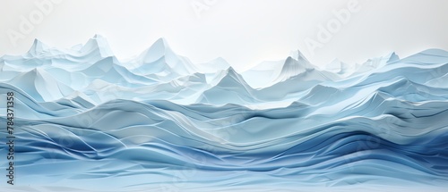 Minimalist 3D-rendered paper-cut of disappearing glaciers, highlighting climate change, blurred icy background,