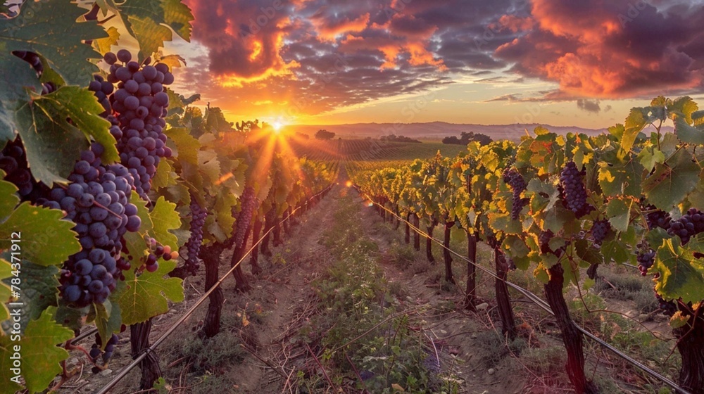  the sun setting over rows of grapevines in a vineyard