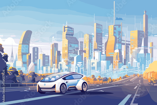 Futuristic smart city with autonomous electric vehicles, sustainable energy, and green architecture