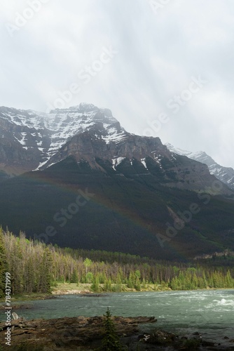 Vertical shot of a calm lake with big mountains and the cloudy sky in the background