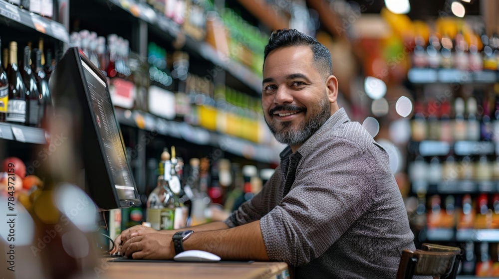 Portrait of salesman using computer at cash counter in liquor store. Wine store