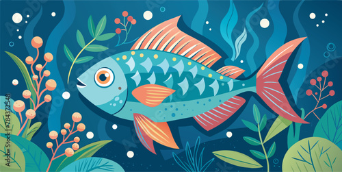 Whimsical underwater scene with colorful fish illustration