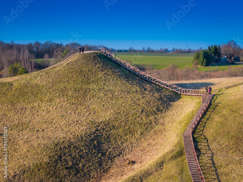 Seredzius mound, hillfort also known as Palemonas hill in Jurbarkas district. Aerial drone view photo