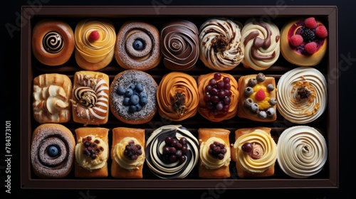 A 4k visual feast showcasing a variety of vibrant  artisanal pastries neatly arranged in a charming present box.