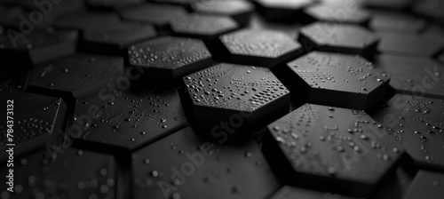 Black hexagon honeycomb shapes matte surface moving up down randomly. Abstract modern design background concept. 3D illustration rendering graphic design