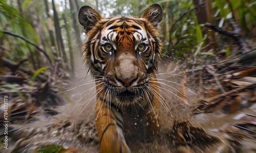 Un poderoso tigre, con las rayas difuminadas en pleno movimiento, fija su mirada en el mundo, su feroz mirada atraviesa un chorro de agua del estanque, una encarnación salvaje de la belleza indomable. photo