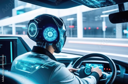 Cybernetics Style Driver, Neon Light, Autonomous Car, Autonomous Driving Vehicle photo