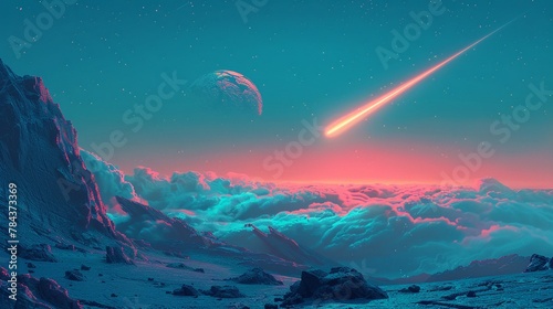 A bolide streaking across the sky, leaving a trail above a geological anomaly