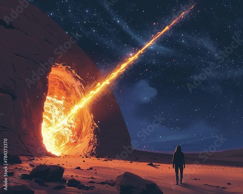 A brilliant meteor shower illuminating an unexplained cavity in a remote desert