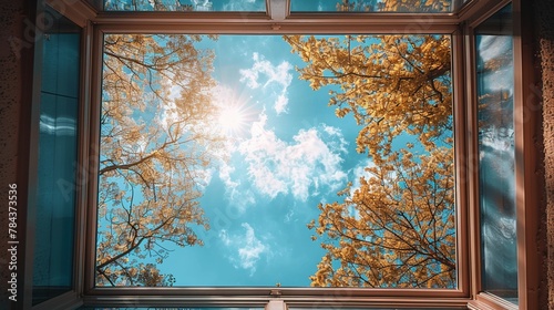 A skylight showcasing the gorgeousness of a clear blue sky photo
