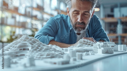 A structural engineer examining a foam core in a construction model photo