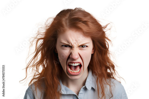 Young woman's face full of anger Expressing anger. isolated on a transparent background.