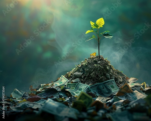 A young sapling growing from a pile of assorted global currency