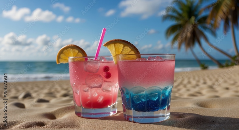 Glass with pink cocktail on the background of the sea Glass with pink cocktail on the background of the sea