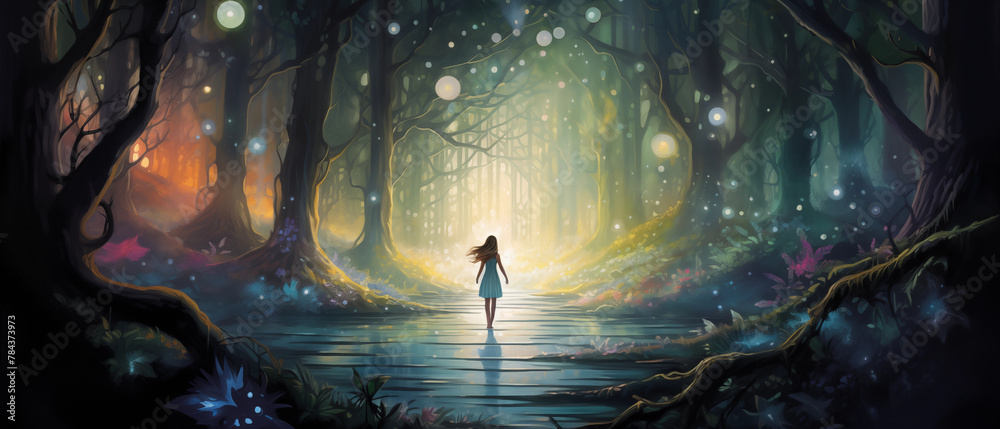 A magical painting depicting a lone figure traversing a mystical forest ...