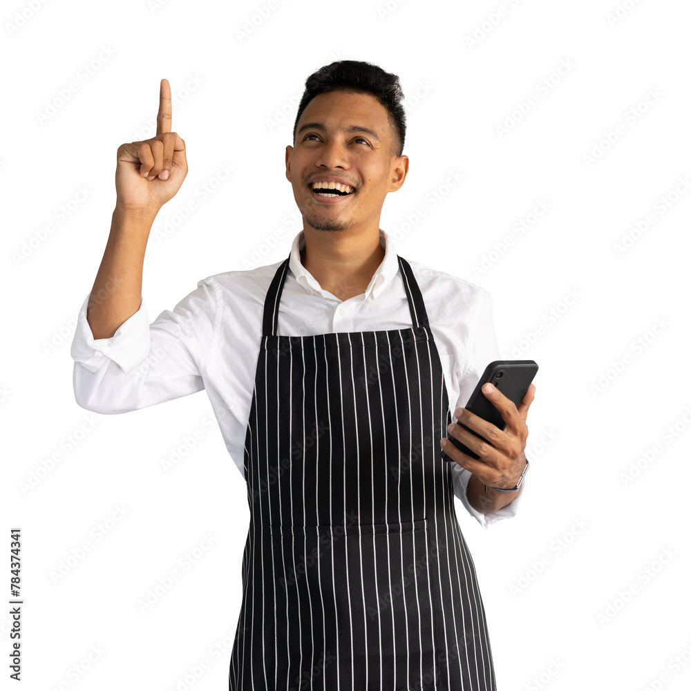 © chinnarach - PNG style of indian businessman owner looking above and smile with happiness feeling during hold smartphone isolated on transparent background for add content about business concept © chinnarach - PNG style of indian businessman owner looking above and smile with happiness feeling during hold smartphone isolated on transparent background for add content about business concept