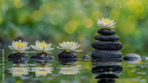 A group of white flowers are floating on top of a body of water. The flowers are surrounded by rocks  creating a peaceful and serene atmosphere. Concept of calm and tranquility