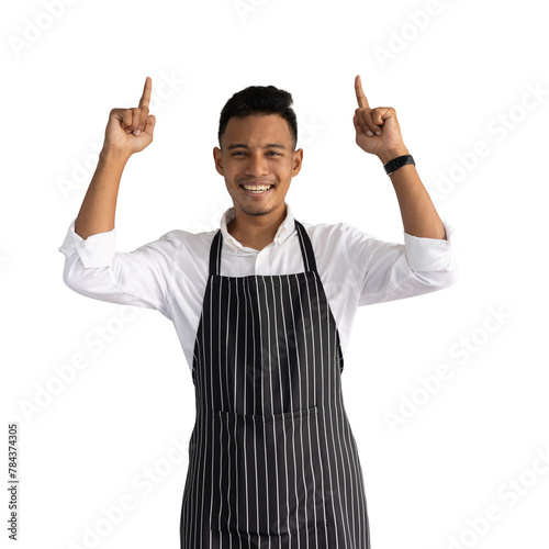 close up asian business owner man gesturing hand point over head on transparent background for add content about SME business and png design concept