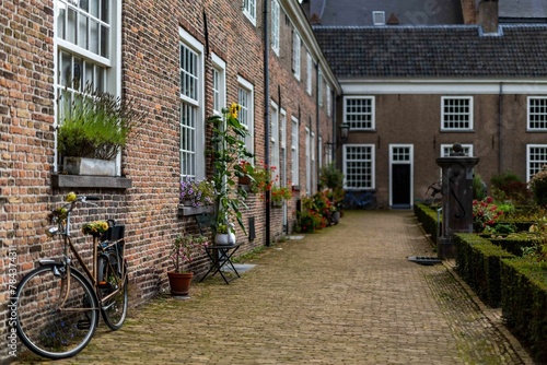 Yard of the buildings with beautiful flowers and bushes with a bicycle leaning on the wall