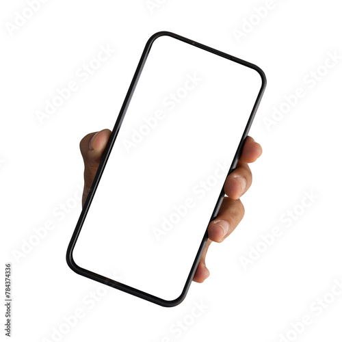 close up man hand hold smartphone with blank screen isolated on transparent background for marketing or advertisement and design concept