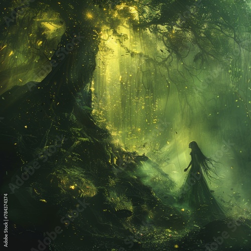 A woman is walking through a forest with trees and leaves. The forest is green and has a mystical feel to it