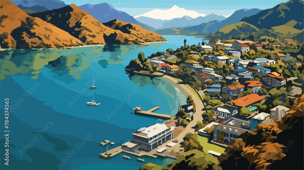 Aerial view of Picton New Zealand .. 2d flat cartoon