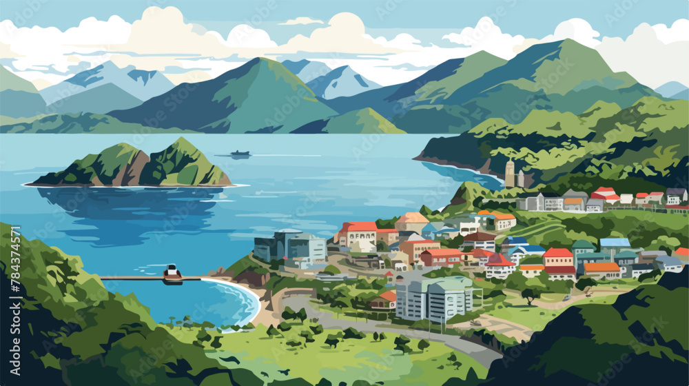 Aerial view of Picton New Zealand .. 2d flat cartoon