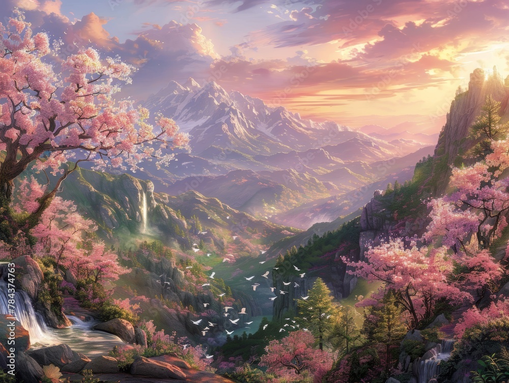 A beautiful landscape with mountains and a waterfall. The mountains are covered in snow and the trees are pink. The sky is a mix of pink and orange