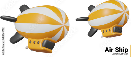 Realistic striped airship in different positions. Air vehicle in cartoon style