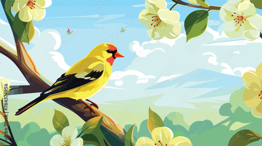 American Goldfinch sitting in an Apple Tree in a background