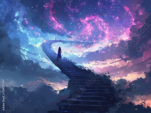 A woman is walking up a spiral staircase in a sky filled with clouds and stars. The scene is dreamy and ethereal, with the woman appearing to be on a journey or ascending to a higher level photo