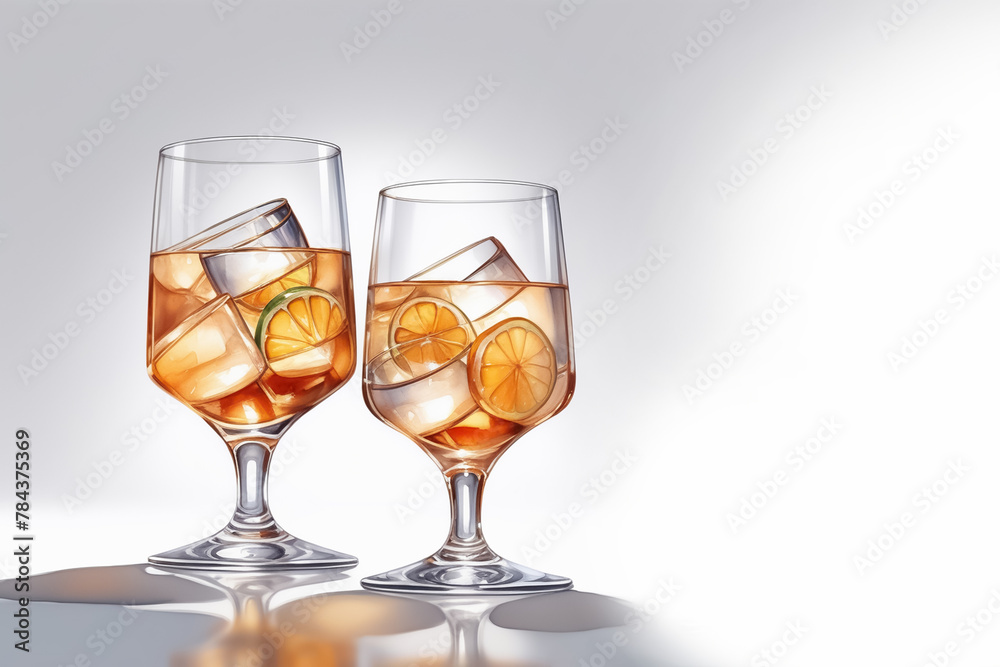 Two glasses with orange juice and ice on a light background. Two glasses with orange juice and ice on a light background.