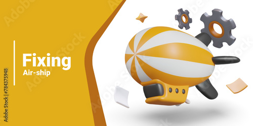Airship fixing. Realistic striped zeppelin, gears, leaves. Color vector composition