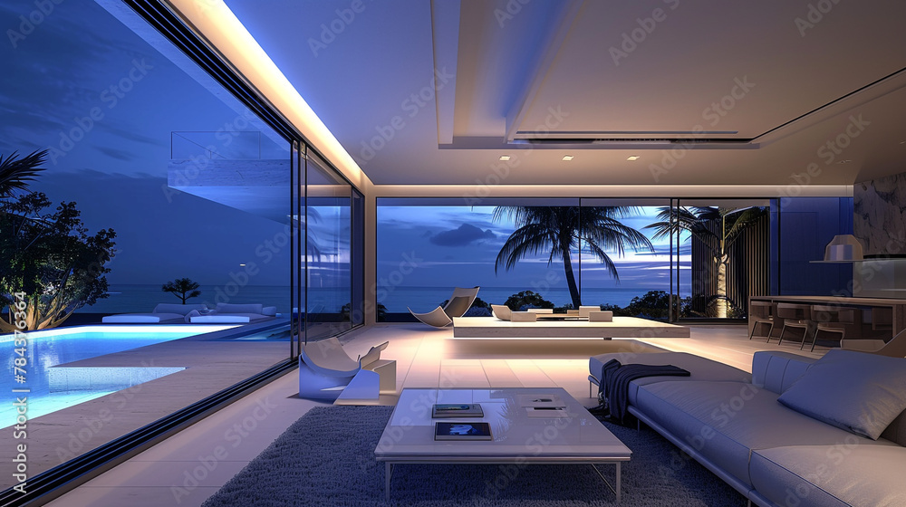 Obraz premium modern interior with concrete floor and night cityscape view.Futuristic illustration of future technologies.