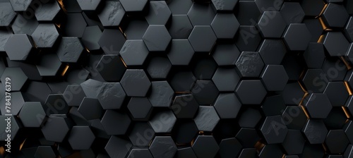 Black hexagon honeycomb shapes matte surface moving up down randomly. Abstract modern design background concept. 3D illustration rendering graphic design photo