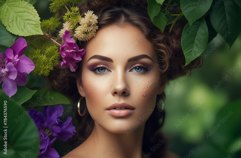 Transform your appearance with the beauty of nature, green cosmetics concept, woman's face surrounded by greenery, flowers and butterflies Transform your appearance with the beauty of nature, green cosmetics concept, woman's face surrounded by greenery, flowers and butterflies