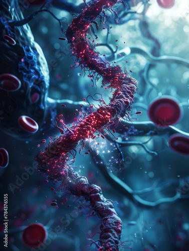 A red and blue image of a tangled, glowing, and pulsating strand of DNA. The image is a representation of the complexity and beauty of the human genome