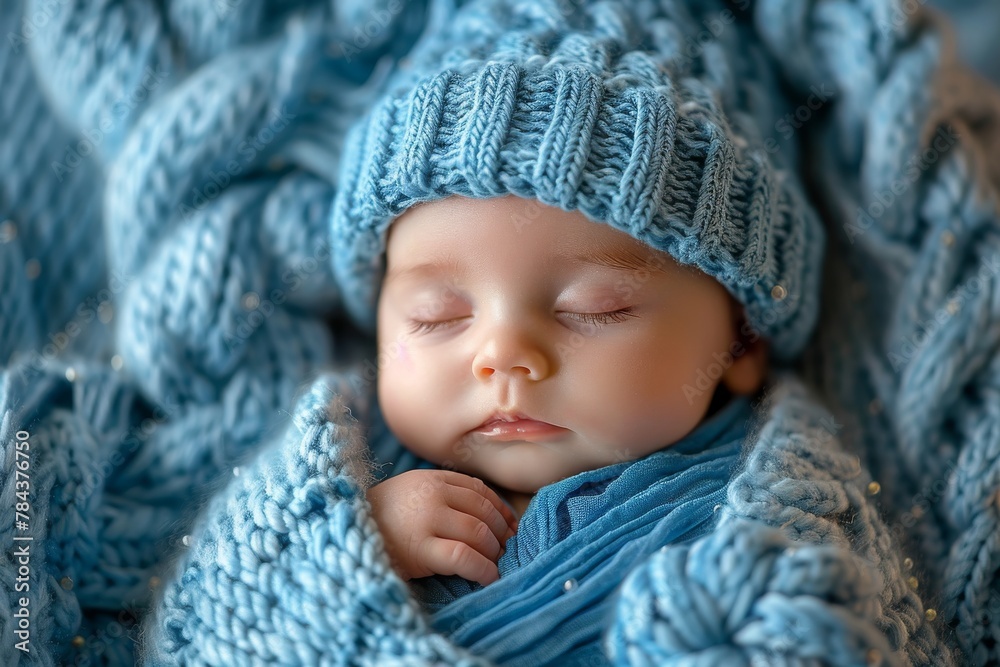 A soothing image of a sleeping newborn wrapped in knitted textures, exuding calmness and comfort