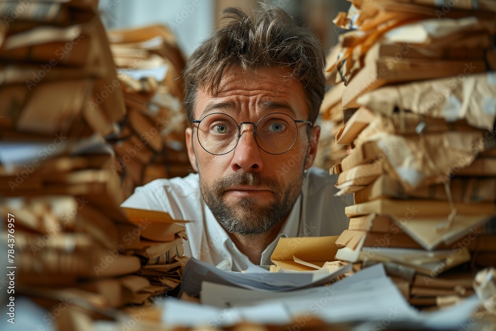 An exasperated man is surrounded by a chaotic pile of papers, illustrating the overwhelming nature of paperwork and administration