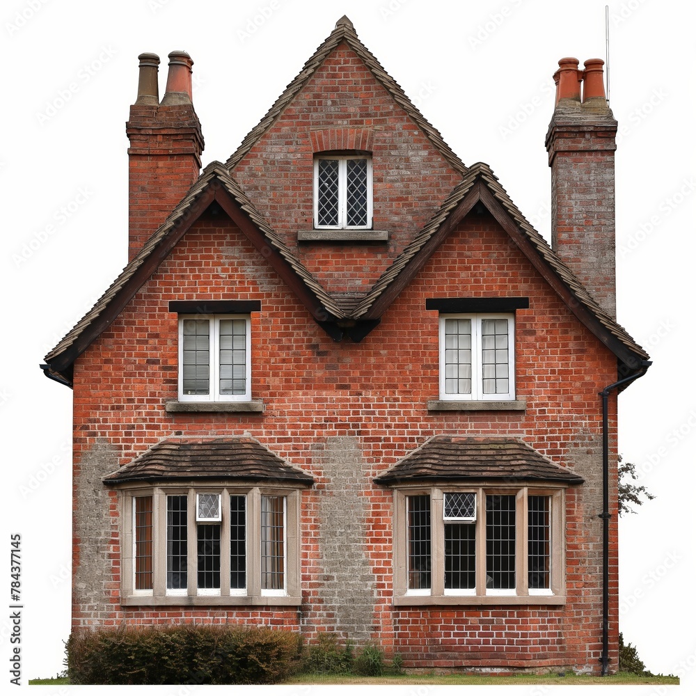 Classic red brick house with a gabled roof, symmetric windows and chimneys, isolated on white.