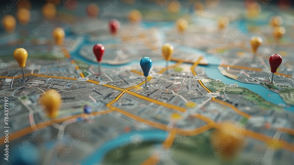Business Location: A 3D vector illustration of a map with pins showing the locations Business Location: A 3D vector illustration of a map with pins showing the locations
