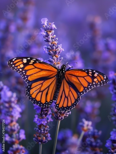 A butterfly is perched on a purple flower. The butterfly is orange and has black markings on its wings. The purple flowers are in a field and the butterfly is the main focus of the image