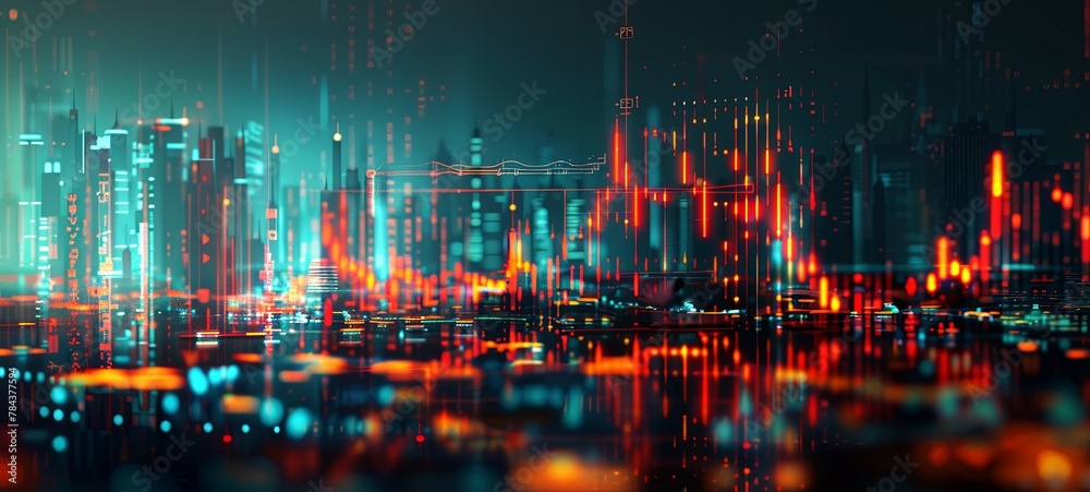 Obraz premium Abstract glowing forex candlestick chart with big data on blurred city background. Concept of trade, technology. generative ai